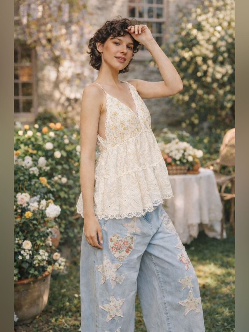 NWOT POL Ivory Ditsy Floral Eyelet Lace Cami Top Boho Cottagecore Peplum Small